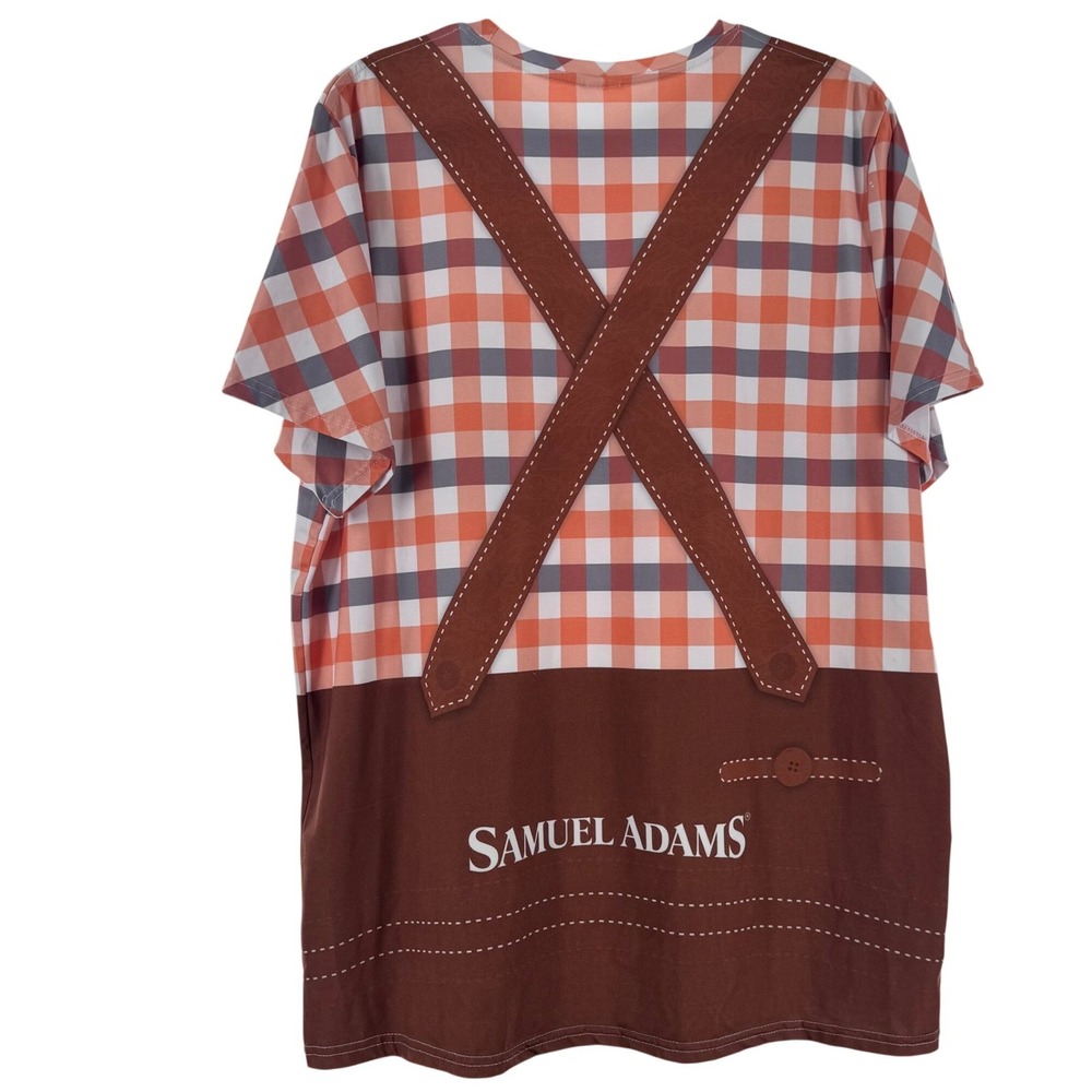 Samuel Adams Mens XL Oktoberfest Lederhosen Graphic T-Shirt Orange Brown Beer - Picture 2 of 5